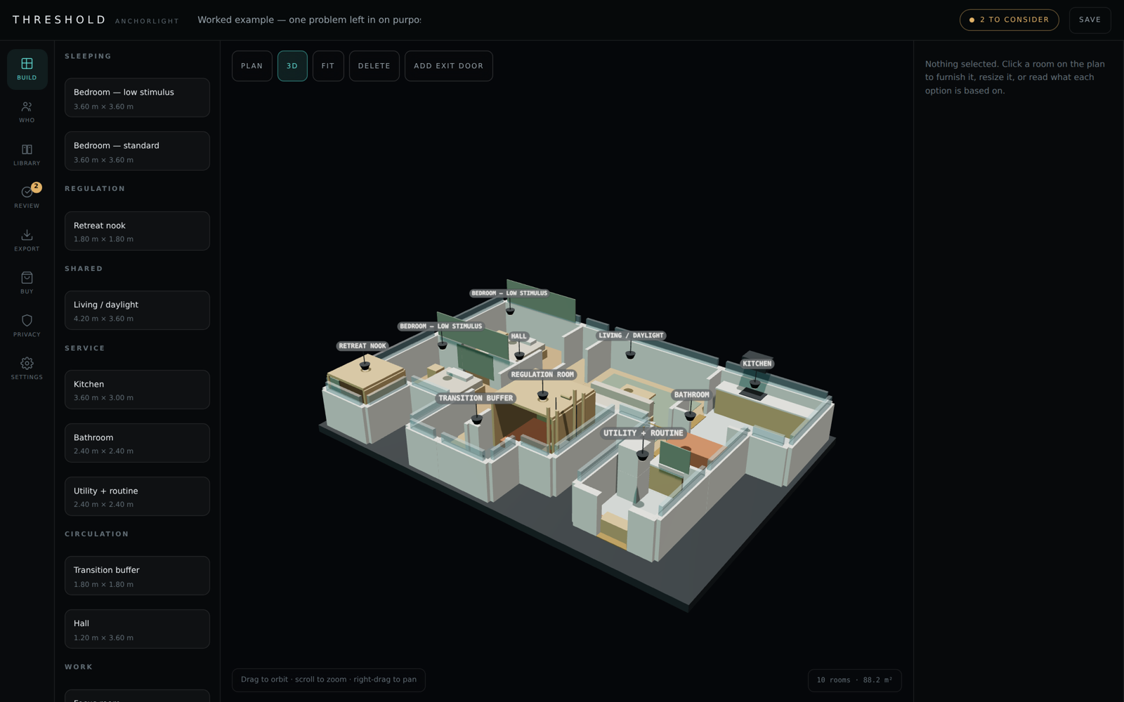 Threshold's 3D view: a generated house model built from a room plan.