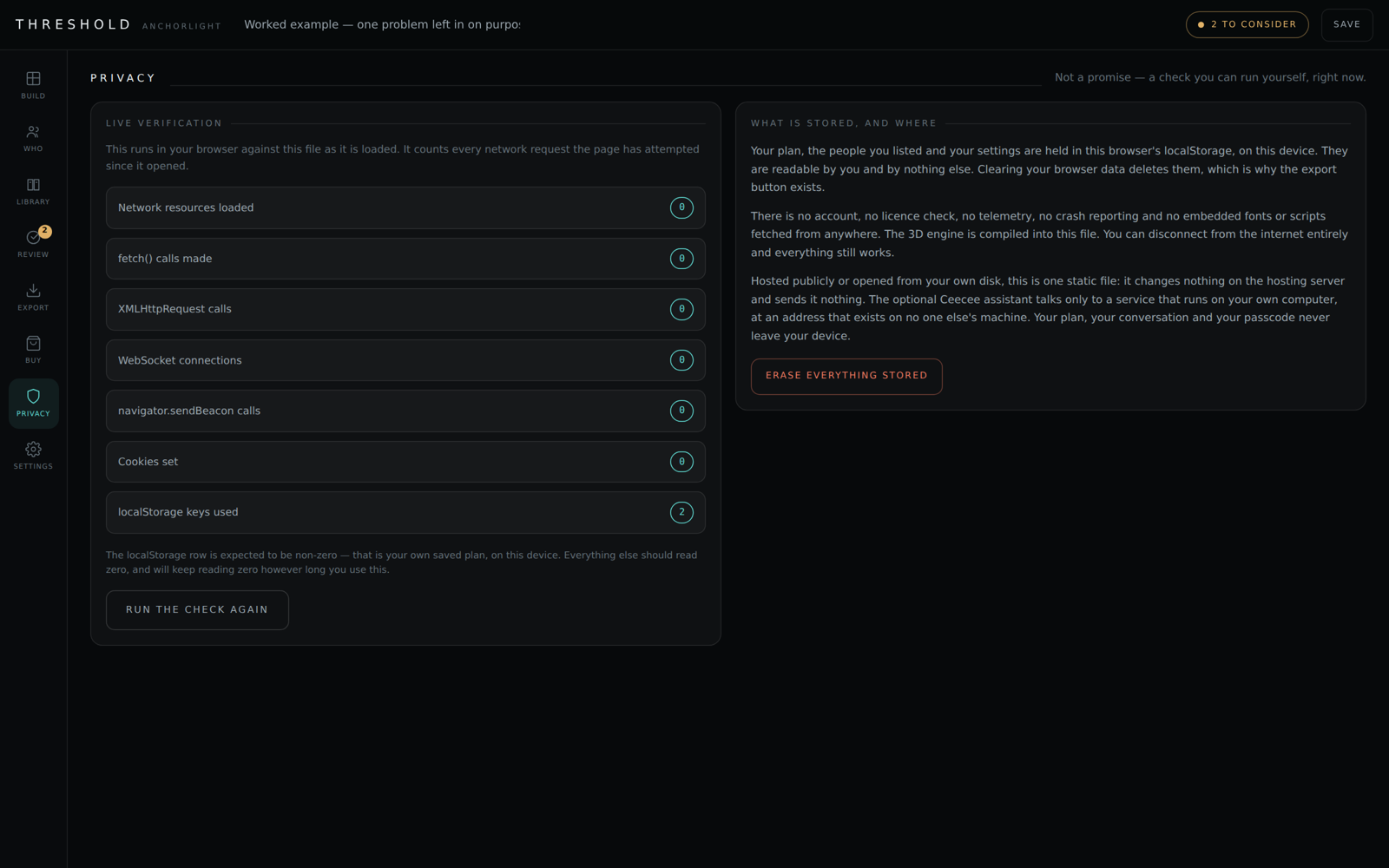 Threshold's Privacy panel showing zero network resources loaded, zero fetch calls, zero cookies.